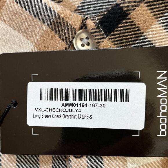 Boohoo Man Long Sleeve Checked Overshirt in Taupe Size Small - Picture 9 of 14